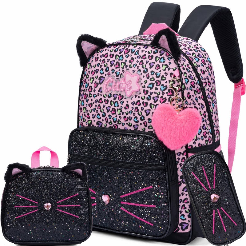 Meetbelify Black Cute Cat School Backpack for Girls Backpack with Lunch Box for Elementary Students Kids Travel Bookbag for Girls Ages 68 - Image 2