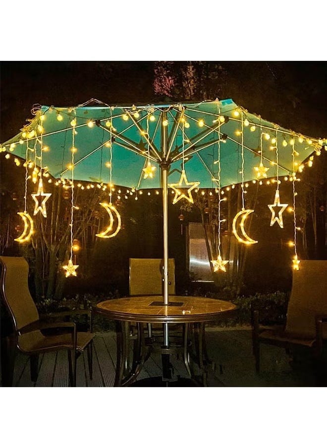 صورة العالمة - ستارة القمر والنجوم للديكور في شهر رمضان، طول 3.5 متر، أضواء رمضان مزينة، أضواء نافذة القمر والنجوم، أضواء سلسلة LED بثمانية أنماط وامضة، تصميم نجوم وقمر للديكور. - Image 1