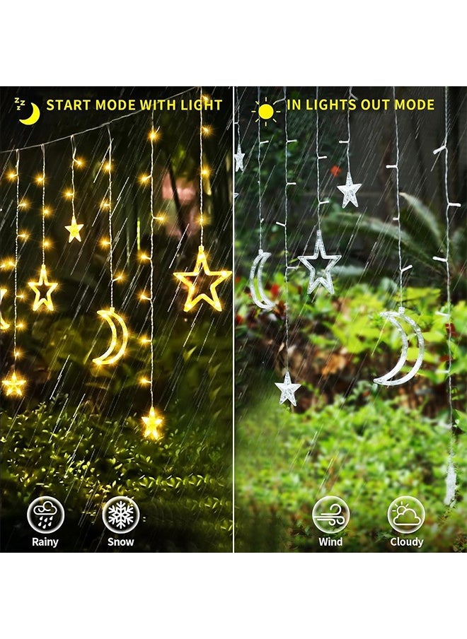 صورة العالمة - ستارة القمر والنجوم للديكور في شهر رمضان، طول 3.5 متر، أضواء رمضان مزينة، أضواء نافذة القمر والنجوم، أضواء سلسلة LED بثمانية أنماط وامضة، تصميم نجوم وقمر للديكور. - Image 1