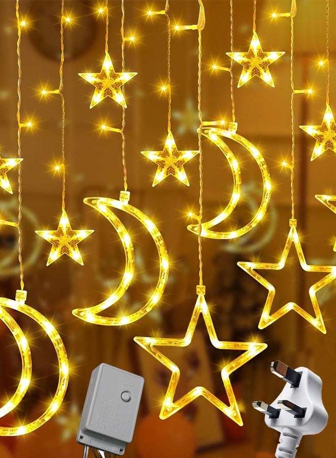 Star Moon Curtain Ramadan Lights for Bedroom Decor,3.5M Ramadan Decorations Light,Eid Moon Window String Lights,8 Flash Modes Led String Fairy Lights Stars Shaped And Moon Curtain Decorative Lights