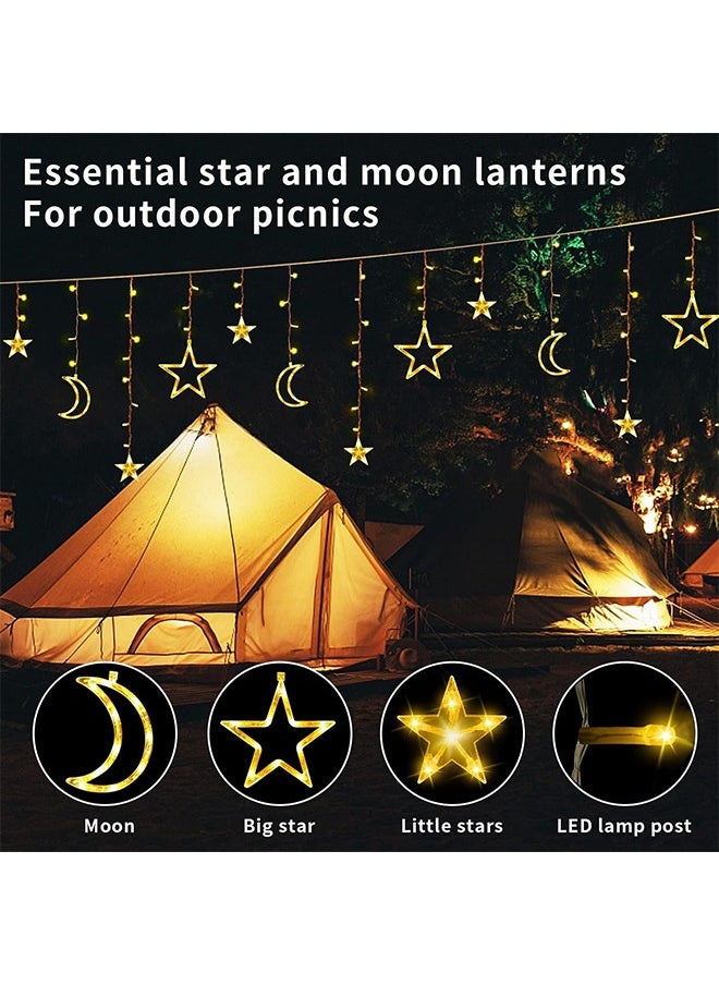 صورة العالمة - ستارة القمر والنجوم للديكور في شهر رمضان، طول 3.5 متر، أضواء رمضان مزينة، أضواء نافذة القمر والنجوم، أضواء سلسلة LED بثمانية أنماط وامضة، تصميم نجوم وقمر للديكور. - Image 1