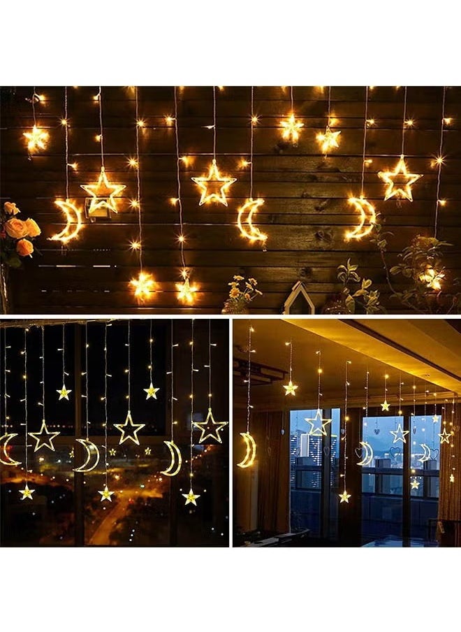 صورة العالمة - ستارة القمر والنجوم للديكور في شهر رمضان، طول 3.5 متر، أضواء رمضان مزينة، أضواء نافذة القمر والنجوم، أضواء سلسلة LED بثمانية أنماط وامضة، تصميم نجوم وقمر للديكور. - Image 1