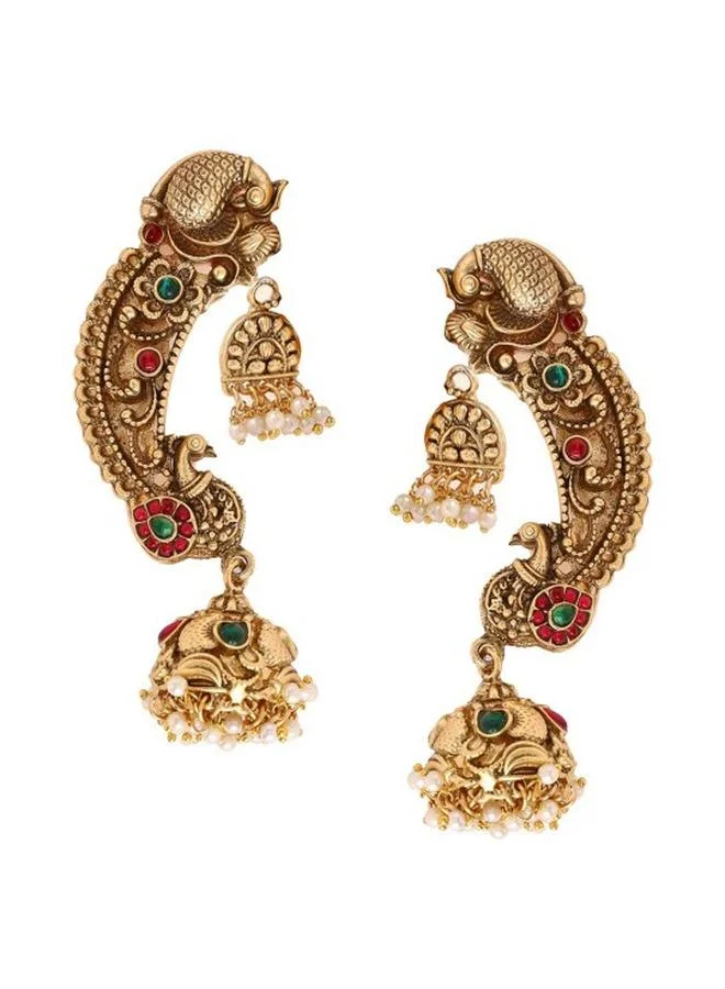 Priyaasi Green Ruby Women Green Ruby Brass Earrings with pattern and secured with Post and Back closure and styled in ideal for Ethnic moments — designed to make heads turn.