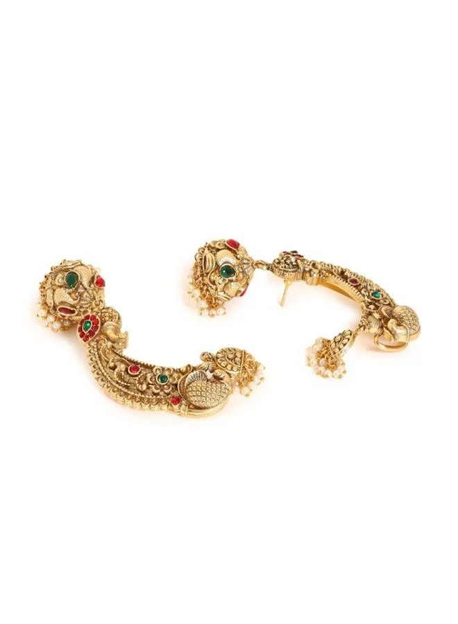 Priyaasi Green Ruby Women Green Ruby Brass Earrings with pattern and secured with Post and Back closure and styled in ideal for Ethnic moments — designed to make heads turn.