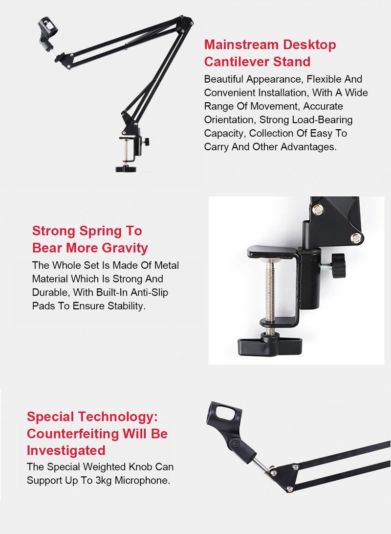 Flash Hawk Microphone Arm Stand, Desktop Mic Clip Holder, 360° Adjustable Folding Portable Microphone Cantilever Stand, NB35 Black  - Image 2