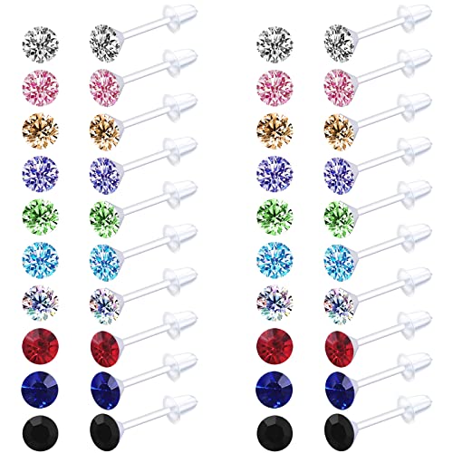 DSOMHZ Plastic Earrings,80pcs Colorful Cubic Zirconia Earrings for Gril, medical grade plastic Post earrings for sensitive ears, 3mm stud earrings for women hypoallergenic - Image 1