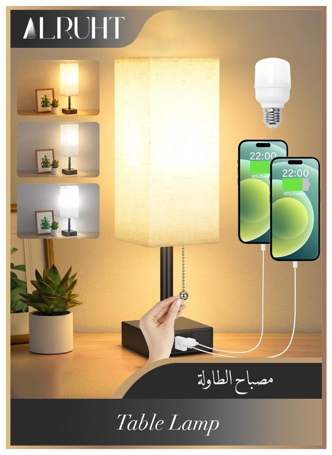Alruht Table Lamp, Bedside Lamps with 2 USB Charging Ports, Solid Wood Nightstand Lamp with Grey Fabric Shade Perfect for Bedroom, Living Room, Study Room  - Image 1