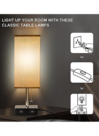 Table Lamp, Bedside Lamps with 2 USB Charging Ports, Solid Wood Nightstand Lamp with Grey Fabric Shade Perfect for Bedroom, Living Room, Study Room - view 4
