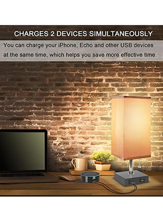 Table Lamp, Bedside Lamps with 2 USB Charging Ports, Solid Wood Nightstand Lamp with Grey Fabric Shade Perfect for Bedroom, Living Room, Study Room - view 5