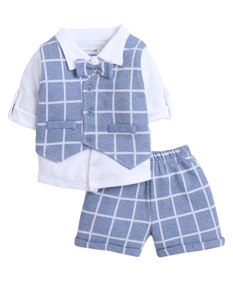 BUMZEE Sky Blue & White Boys Half Sleeves Shirt Waistcoat & Short Set with Applique Bow Age - 0-6 Months (Peb8055B-sbl.wht) - Image 1