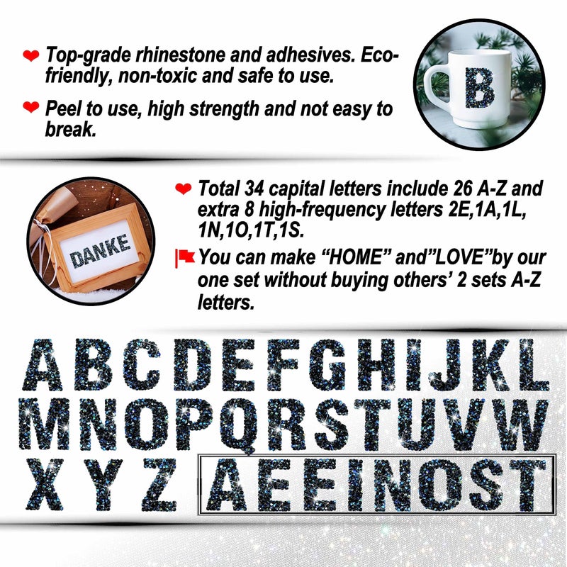 Locacrystal 34Pcs Bling Resin Rhinestone Alphabet Letter Stickers A-Z Letters DIY Car Sticker Self-Adhesive Iron-On Crystal Word Stickers for Cars Arts Crafts Clothing Decoration(Black AB,1.57â€œ) - Image 3