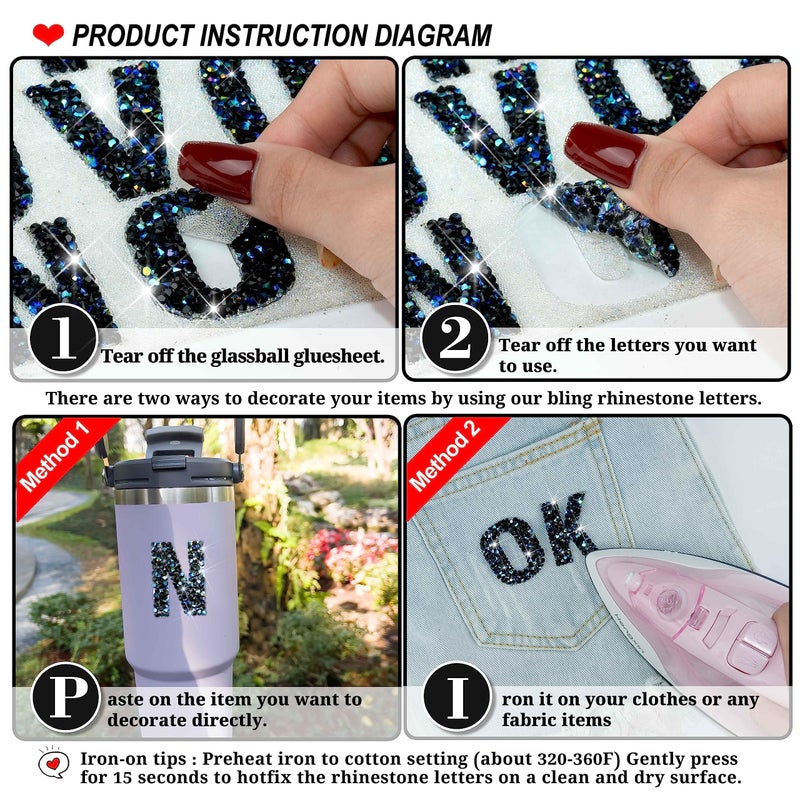 Locacrystal 34Pcs Bling Resin Rhinestone Alphabet Letter Stickers A-Z Letters DIY Car Sticker Self-Adhesive Iron-On Crystal Word Stickers for Cars Arts Crafts Clothing Decoration(Black AB,1.57â€œ) - Image 2