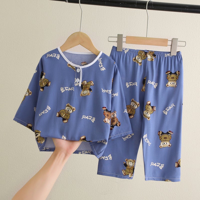 Kids Pajama Set Cotton Breathable Sleepwear Blue Bear 