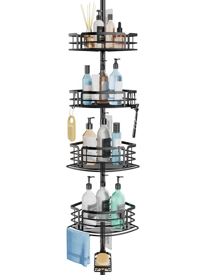 Consumest Corner Shower Caddy Tension Pole - Rustproof Shower Shelves with Towel Bar & Soap Holder, Adjustable Bath Organizer for Bathroom Storage, 27.6-108.3 inch, Black - Image 1