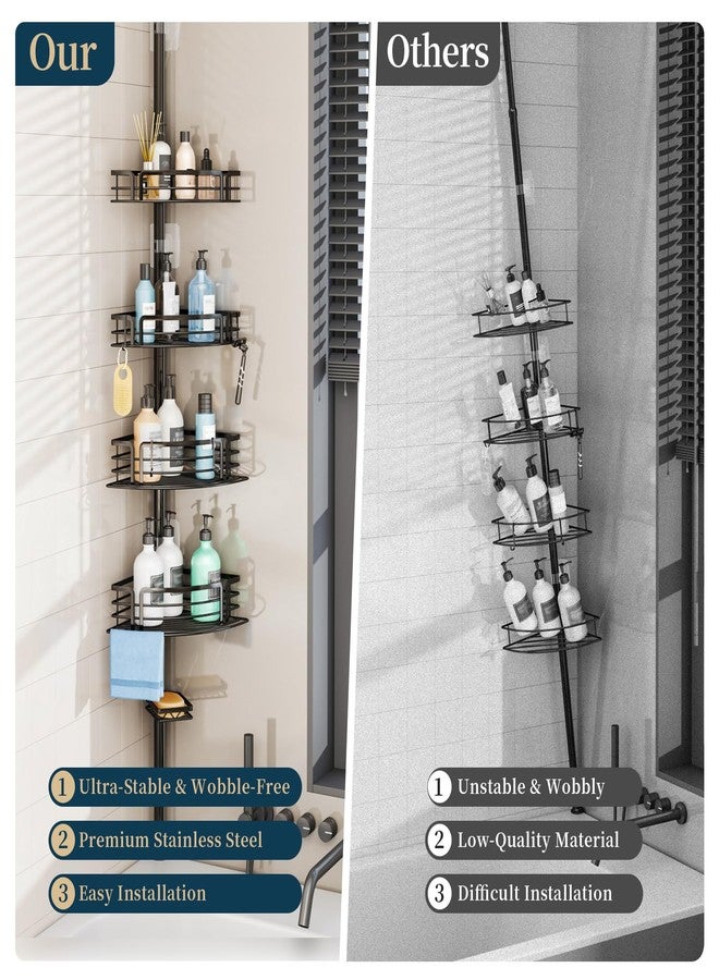 Consumest Corner Shower Caddy Tension Pole - Rustproof Shower Shelves with Towel Bar & Soap Holder, Adjustable Bath Organizer for Bathroom Storage, 27.6-108.3 inch, Black - Image 2