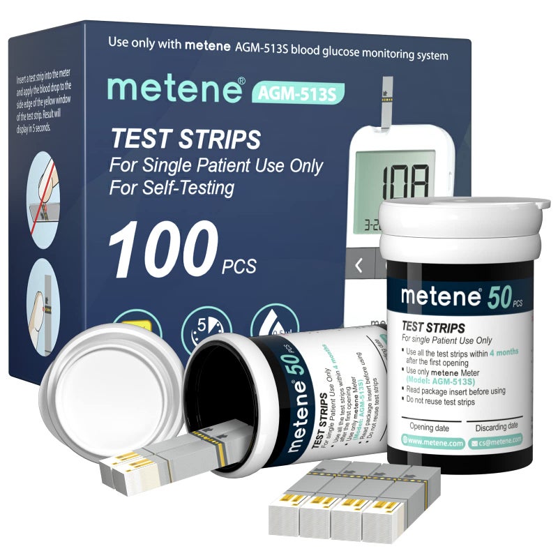 Metene AGM513S Test Strips for Diabetes 100 Count Blood Glucose Test Strips Use with Metene AGM513S Blood Glucose Monitoring System Only No Monitor