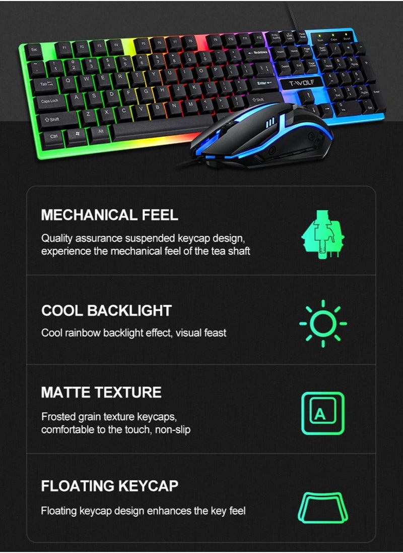 T-WOLF Gaming Keyboard Mouse Combo Rainbow LED Backlit Ambient Light Illuminated Character Wired USB Keyboard Mice Compatible with Windows XP/7/10 MacBook PS4 PS5 Xbox one Value Combo Set  - Image 2