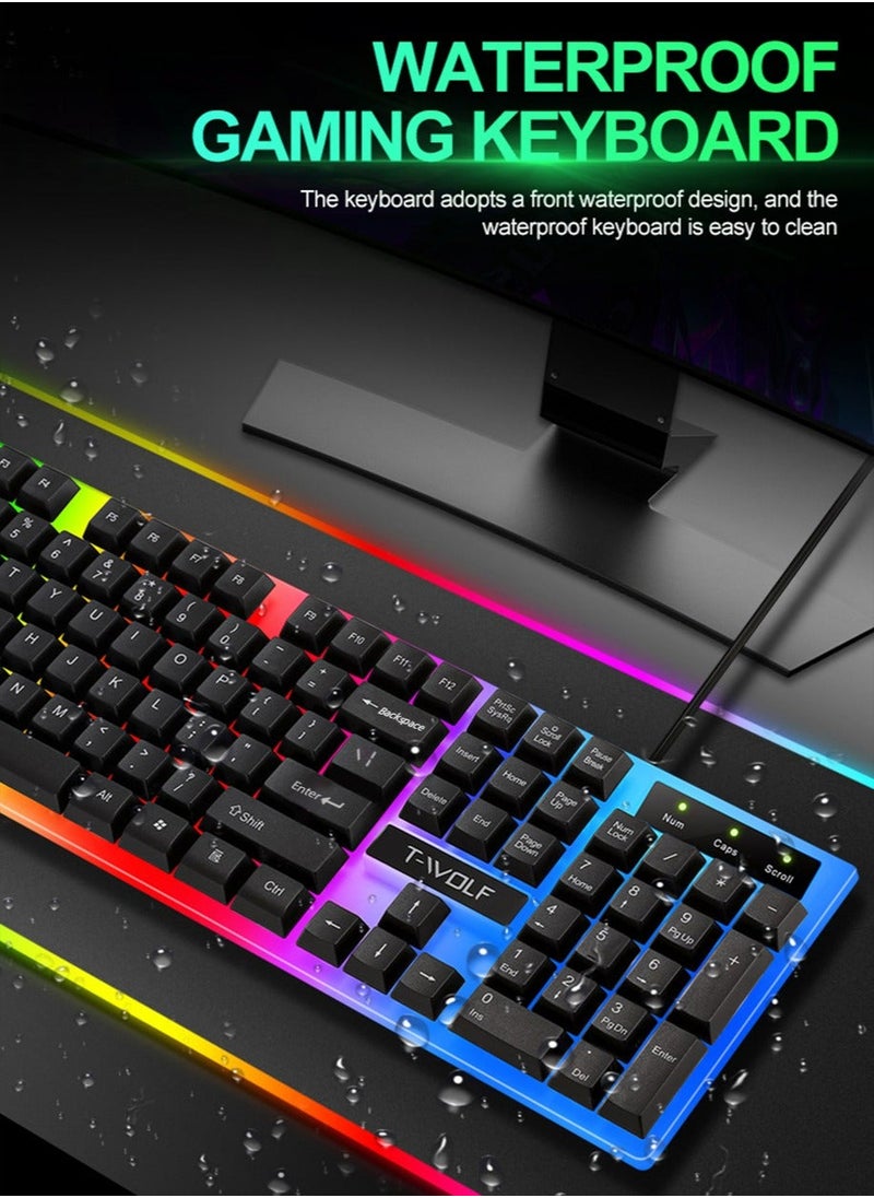 T-WOLF Gaming Keyboard Mouse Combo Rainbow LED Backlit Ambient Light Illuminated Character Wired USB Keyboard Mice Compatible with Windows XP/7/10 MacBook PS4 PS5 Xbox one Value Combo Set  - Image 4