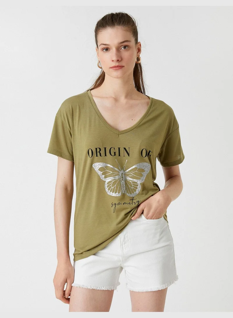 KOTON Printed T-Shirt V Neck Short Sleeve
