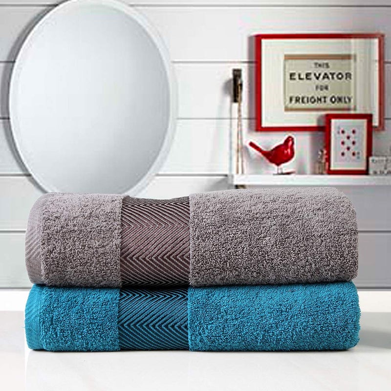 FASH HOME INTERNATIONAL 500 GSM 100 Cotton Highly Absorbent Luxurious Large Couple Bath Towel Set Grey and Teal Set of 2 - Image 2