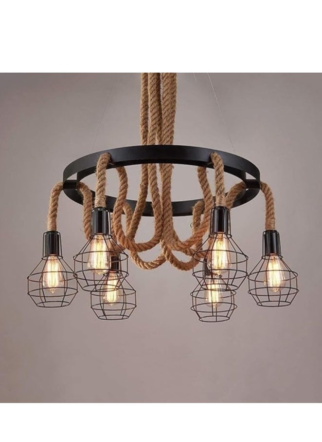 Generic 6-Light Industrial Pendant Light,Farmhouse Hemp Rope Chandelier Ceiling Light Fixture,Vintage Iron Cage Hanging Lamp for Kitchen Island Dining Room Living Room Bedroom  - Image 1