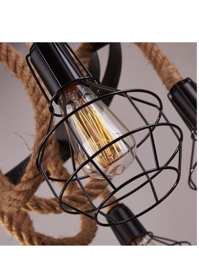 Generic 6-Light Industrial Pendant Light,Farmhouse Hemp Rope Chandelier Ceiling Light Fixture,Vintage Iron Cage Hanging Lamp for Kitchen Island Dining Room Living Room Bedroom  - Image 4