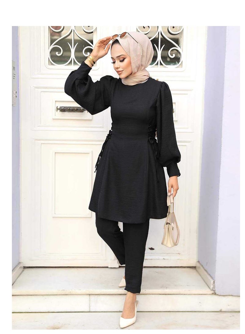 Elegant Middle Eastern Style Muslim Women's Casual Set - Trendy Lantern Sleeve Design with Stylish Side Tie Details, Perfect for Everyday Chic and Comfort - Image 1
