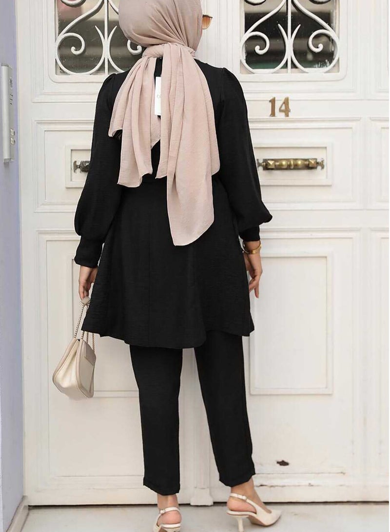 Elegant Middle Eastern Style Muslim Women's Casual Set - Trendy Lantern Sleeve Design with Stylish Side Tie Details, Perfect for Everyday Chic and Comfort - Image 2