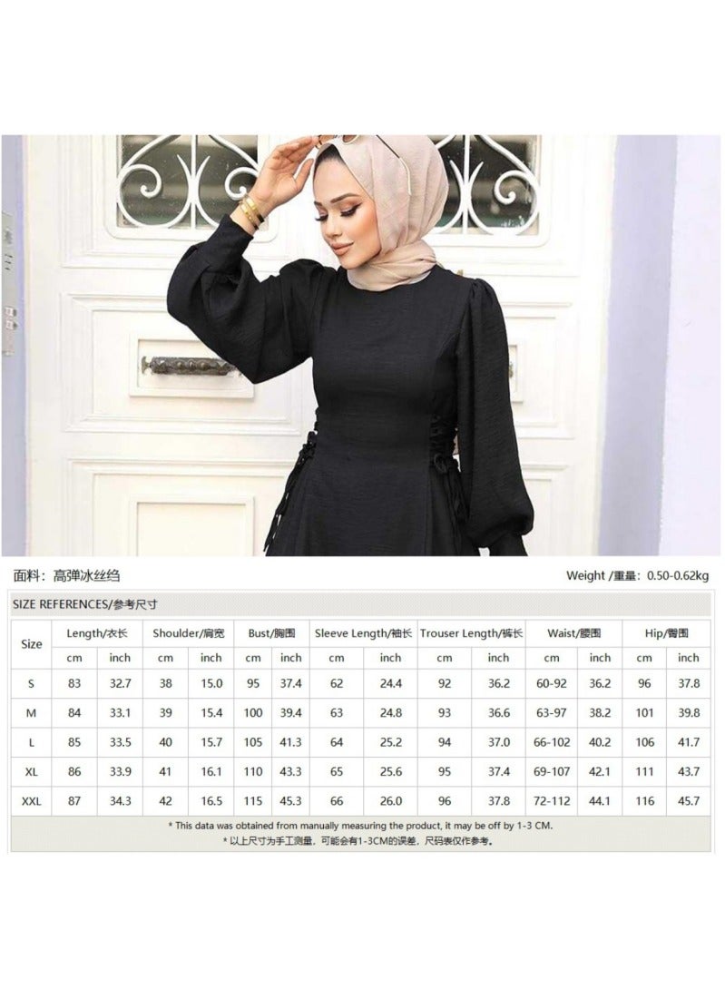 Elegant Middle Eastern Style Muslim Women's Casual Set - Trendy Lantern Sleeve Design with Stylish Side Tie Details, Perfect for Everyday Chic and Comfort - Image 3