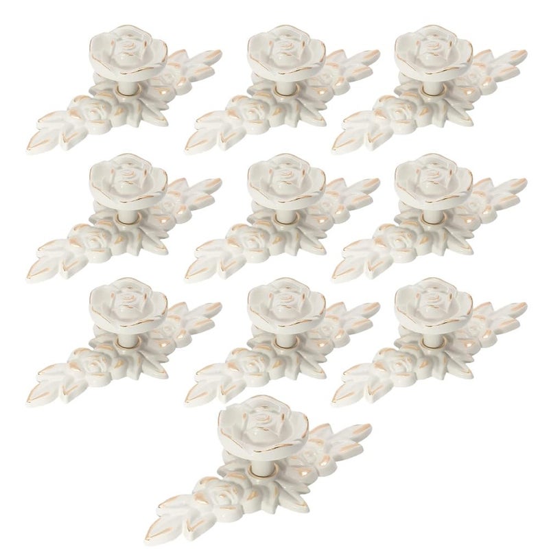 AchNau 10pcs Rose Flower Cabinet Knobs Vintage Kitchen Shabby Chic Drawer Pull Handles with Base for Dresser Vanity Nightstand Cupboard Wardrobe Closet Drawer Ivory White with Gold Edge - Image 2