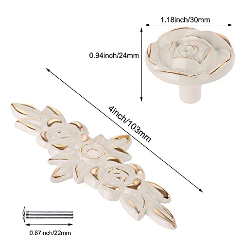 AchNau 10pcs Rose Flower Cabinet Knobs Vintage Kitchen Shabby Chic Drawer Pull Handles with Base for Dresser Vanity Nightstand Cupboard Wardrobe Closet Drawer Ivory White with Gold Edge - Image 3