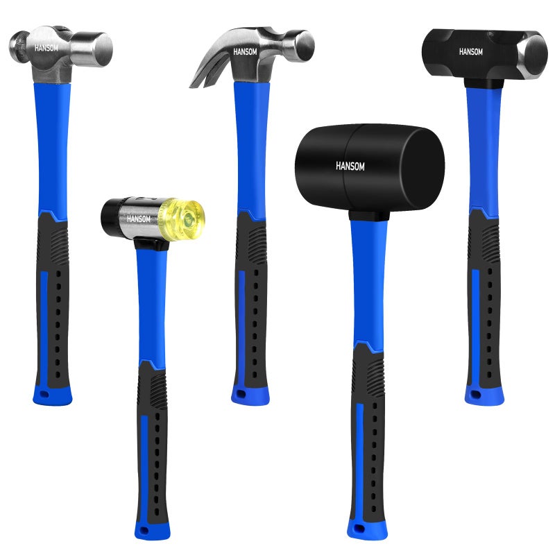 HANSOM 5-Pack Hammer Set,Rubber Mallet 32oz, Double-Faced Mallet 22oz,16oz Claw Hammer,16oz Ball Peen Hammer,3lb Sledge Hammer,Ergonomic Handle - Image 1