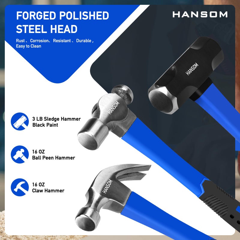 HANSOM 5-Pack Hammer Set,Rubber Mallet 32oz, Double-Faced Mallet 22oz,16oz Claw Hammer,16oz Ball Peen Hammer,3lb Sledge Hammer,Ergonomic Handle - Image 2