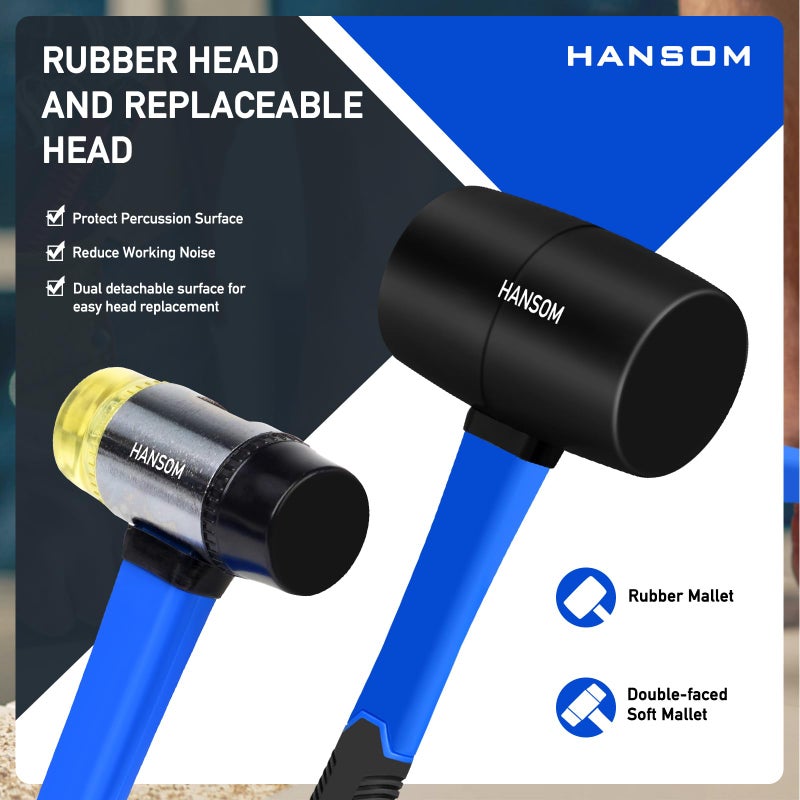 HANSOM 5-Pack Hammer Set,Rubber Mallet 32oz, Double-Faced Mallet 22oz,16oz Claw Hammer,16oz Ball Peen Hammer,3lb Sledge Hammer,Ergonomic Handle - Image 3