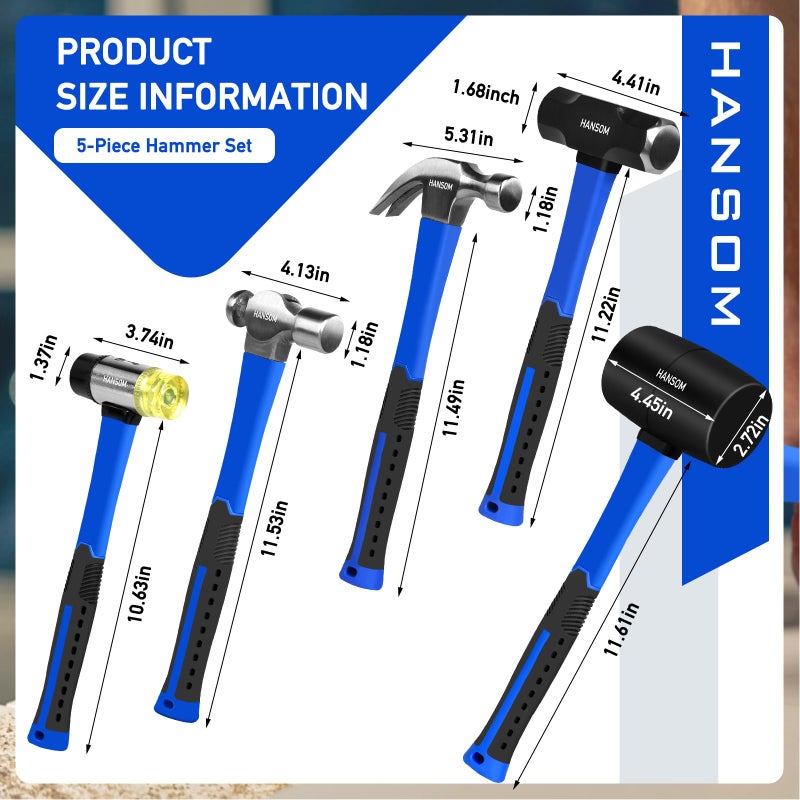 HANSOM 5-Pack Hammer Set,Rubber Mallet 32oz, Double-Faced Mallet 22oz,16oz Claw Hammer,16oz Ball Peen Hammer,3lb Sledge Hammer,Ergonomic Handle - Image 4