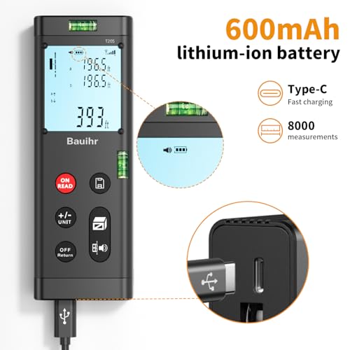 Bauihr Bilateral Laser Measurement Tool, Bauihr 393ft/120M Rechargeable Aluminum Dual Laser Distance Meter, Dual Laser Measuring Tool with Color Backlit LCD Display, Digital Angle, M/in/Ft Unit Switching - Image 3