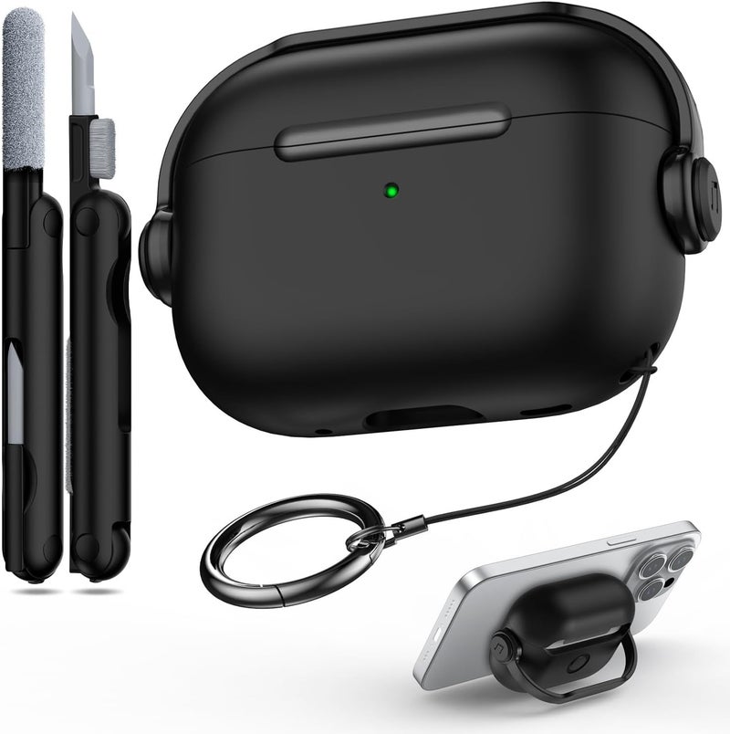 R-fun Airpods Pro Case (2nd/1st Gen,2023/2022/2019) with Secure Lock & Cleaning Kit, Music Headset Earphone Protective Case Cover Compatible with Airpods Pro 2 (USB-C/Lightning Cable), Black - Image 2