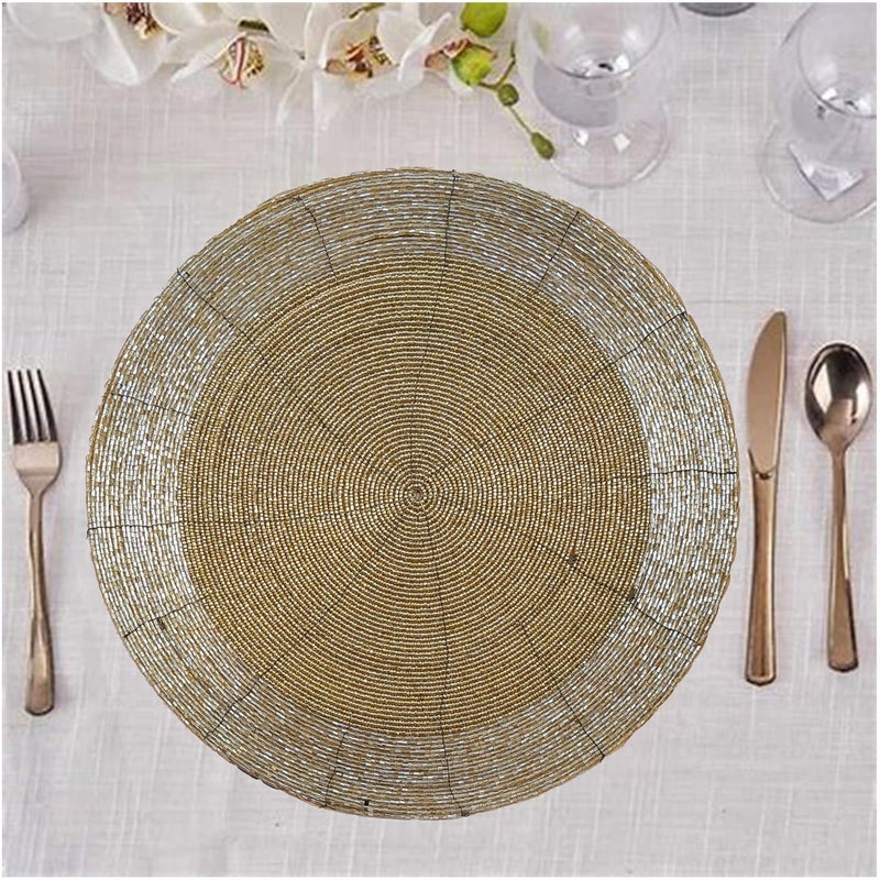 CANVASS LtGold Handcrafted Beaded Table Placemat of Size 12 Round Set of 2 30 cm Round - Image 5