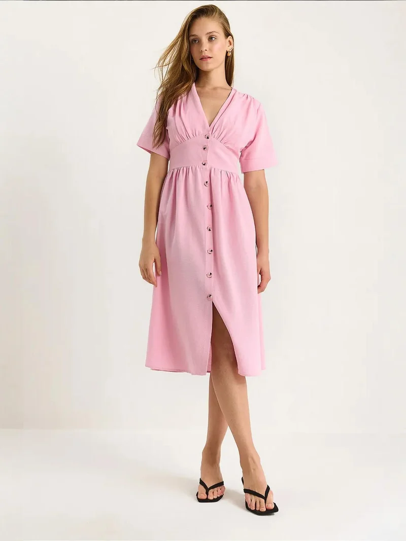 Bianco Lucci LUCCI V-neck Buttoned Midi Shirt Dress