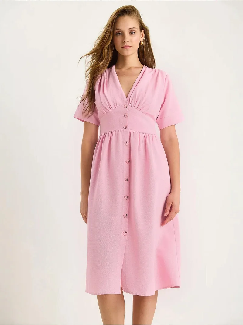 Bianco Lucci LUCCI V-neck Buttoned Midi Shirt Dress