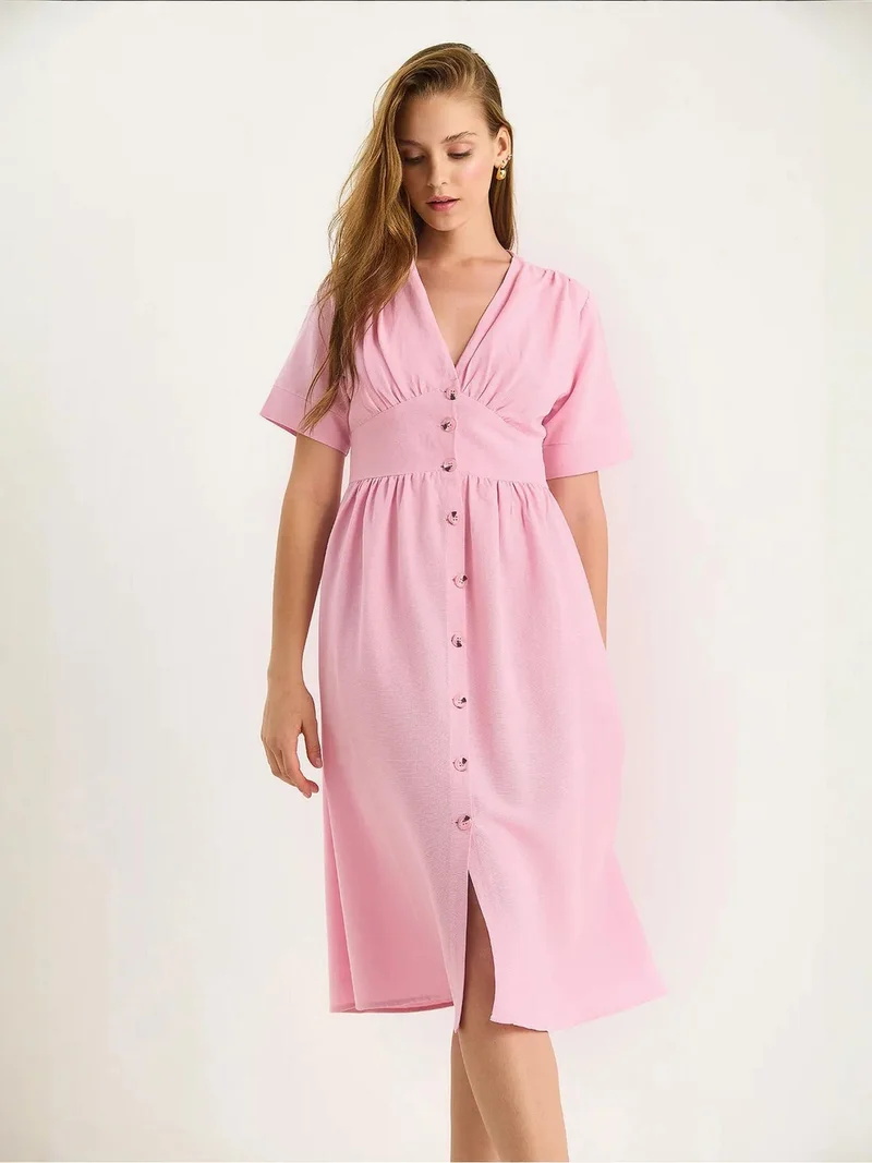 Bianco Lucci LUCCI V-neck Buttoned Midi Shirt Dress
