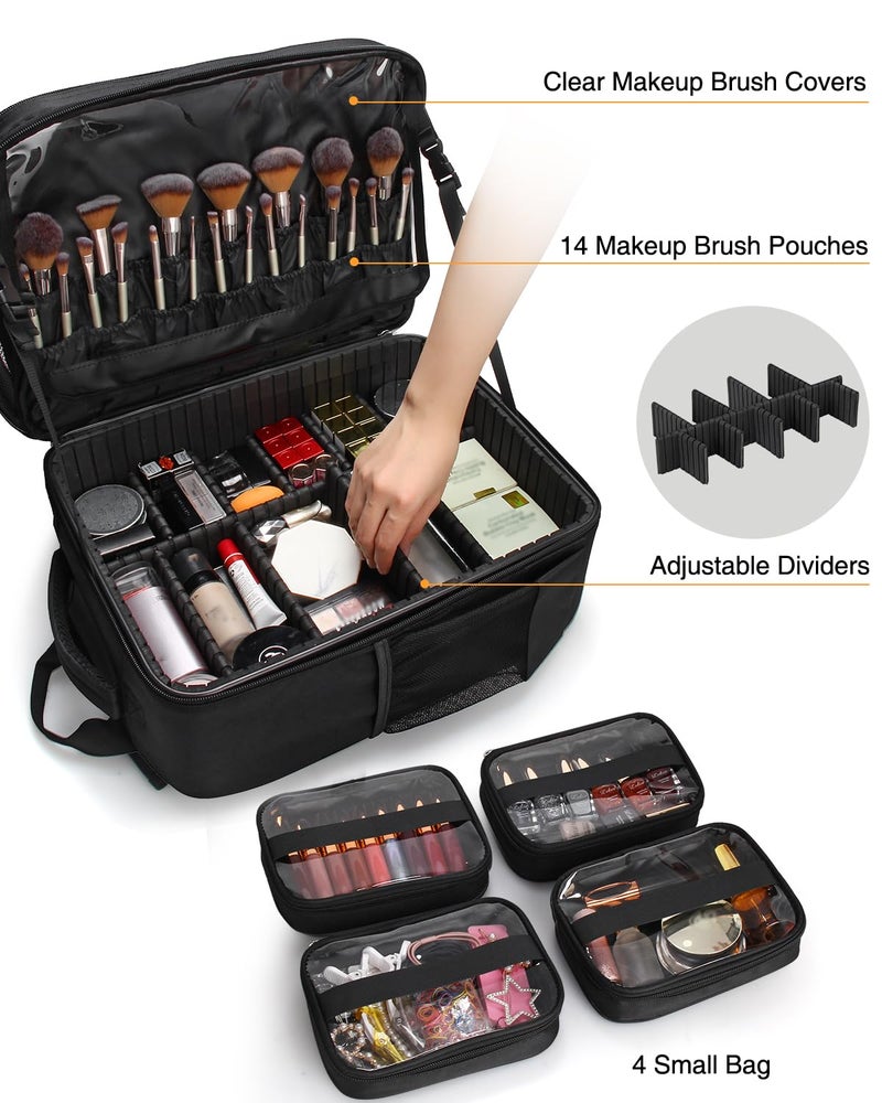 TANTO Makeup Backpack Makeup Artist Bag Professional Extra Large Cosmetic Bag Travel Train Case Storage Organizer Double-Layer Large Capacity Cosmetic Case with 4 Pouch(Black) - Image 3