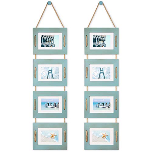 DLQuarts 5x7 Hanging Collage Picture Frames Wall Decor, 4-Opening 5x7 Matted to 3.5x5 Photo Rustic Wood Frame with Hemp Rope, 2 Pack, Ocean Blue - Image 1