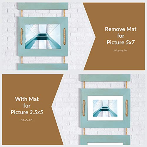 DLQuarts 5x7 Hanging Collage Picture Frames Wall Decor, 4-Opening 5x7 Matted to 3.5x5 Photo Rustic Wood Frame with Hemp Rope, 2 Pack, Ocean Blue - Image 2
