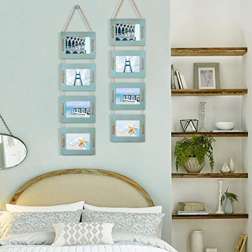 DLQuarts 5x7 Hanging Collage Picture Frames Wall Decor, 4-Opening 5x7 Matted to 3.5x5 Photo Rustic Wood Frame with Hemp Rope, 2 Pack, Ocean Blue - Image 4
