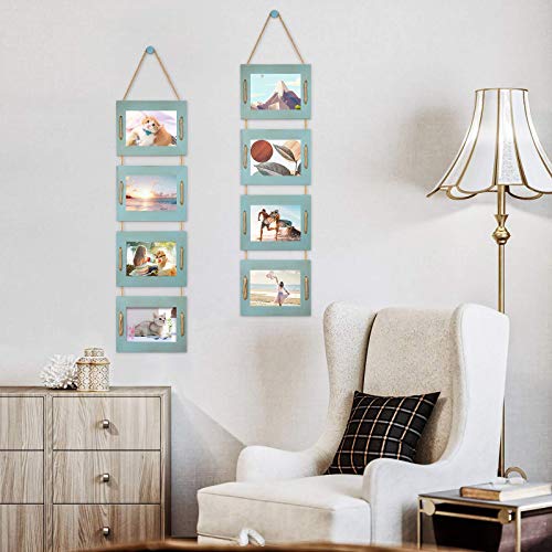 DLQuarts 5x7 Hanging Collage Picture Frames Wall Decor, 4-Opening 5x7 Matted to 3.5x5 Photo Rustic Wood Frame with Hemp Rope, 2 Pack, Ocean Blue - Image 5
