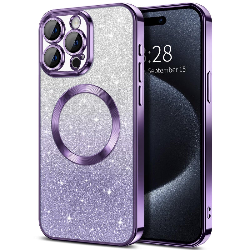 Hython for iPhone 15 Pro Max Case Clear Magnetic Glitter Phone Cases [Compatible with MagSafe] Full Camera Lens Protector Slim Gradient Sparkle Luxury Plating Shockproof Protective Cover Women, Purple - Image 1