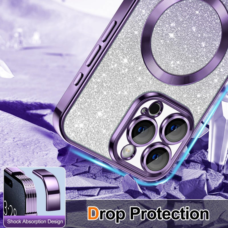 Hython for iPhone 15 Pro Max Case Clear Magnetic Glitter Phone Cases [Compatible with MagSafe] Full Camera Lens Protector Slim Gradient Sparkle Luxury Plating Shockproof Protective Cover Women, Purple - Image 4