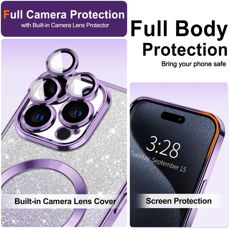 Hython for iPhone 15 Pro Max Case Clear Magnetic Glitter Phone Cases [Compatible with MagSafe] Full Camera Lens Protector Slim Gradient Sparkle Luxury Plating Shockproof Protective Cover Women, Purple - Image 3