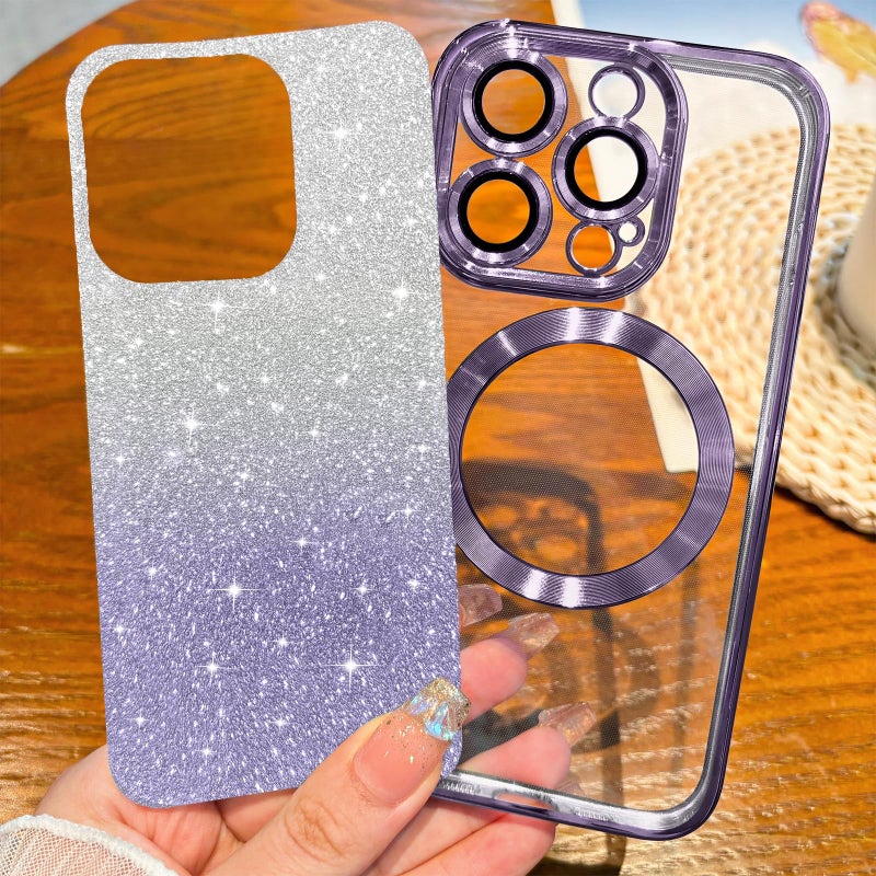 Hython for iPhone 15 Pro Max Case Clear Magnetic Glitter Phone Cases [Compatible with MagSafe] Full Camera Lens Protector Slim Gradient Sparkle Luxury Plating Shockproof Protective Cover Women, Purple - Image 2